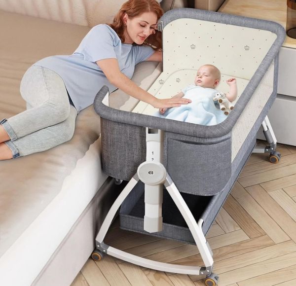 5-in-1Portable Baby Bedside Crib, Baby Cot, Bedside Co-Sleeper, Moving Baby Bassinet, Rocking Cradle - Convertible, Foldable Storage Basket, Adjustable Height with Swivel Wheels mosquito net