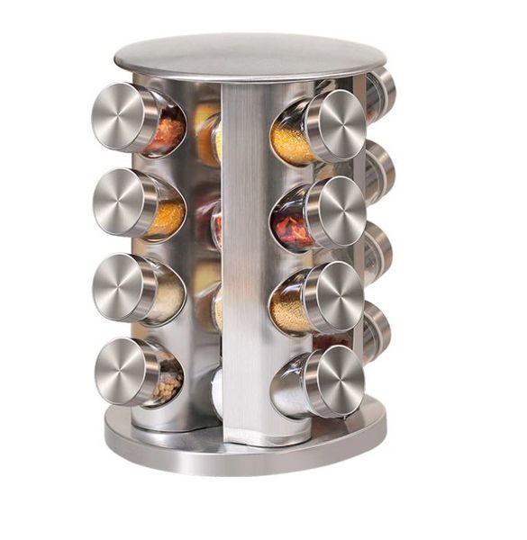 Revolving Spice Bottle Rack Stainless Steel Glass Seasoning Jars Set with Rotary Stand Holder