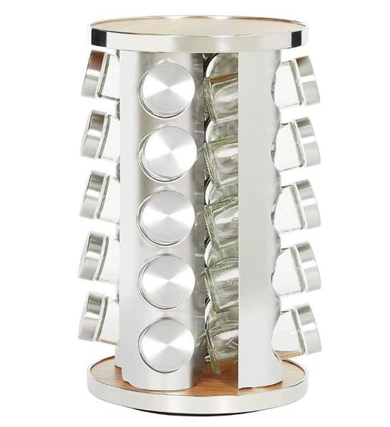 Revolving Spice Bottle Rack Stainless Steel Glass Seasoning Jars Set with Rotary Stand Holder