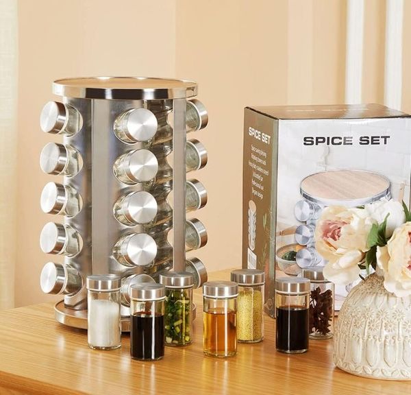 Revolving Spice Bottle Rack Stainless Steel Glass Seasoning Jars Set with Rotary Stand Holder